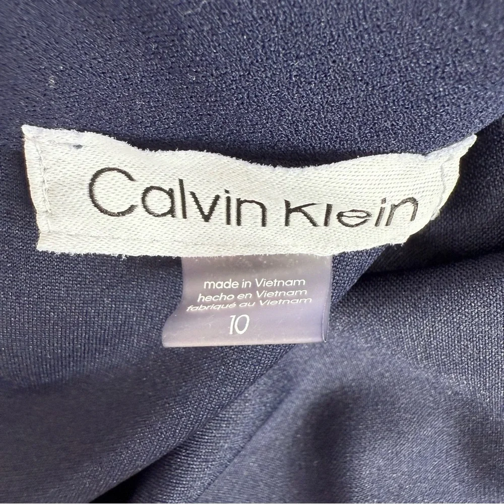 Calvin Klein dress ribbon bow tie up neck detail gold zipper Navy Midi Dress - Picture 10 of 13